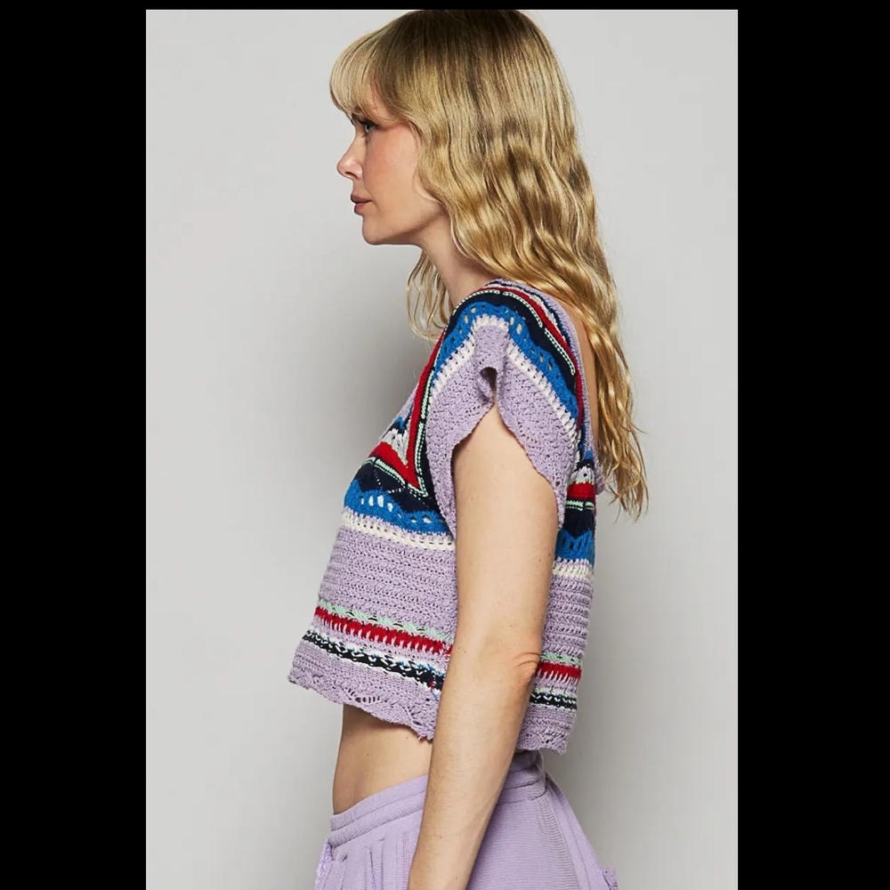 POL Crochet Knit Short Sleeve Top (Lavender Multi) - Picture 2 of 6